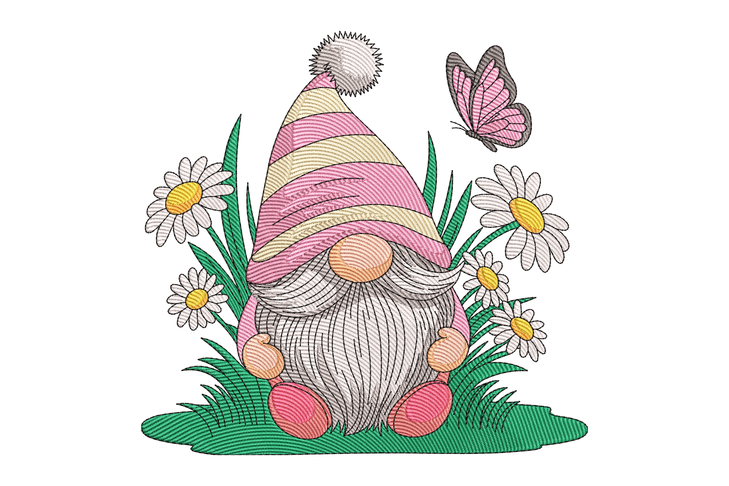 Pink Daisy Garden Gnome Machine Embroidery Design