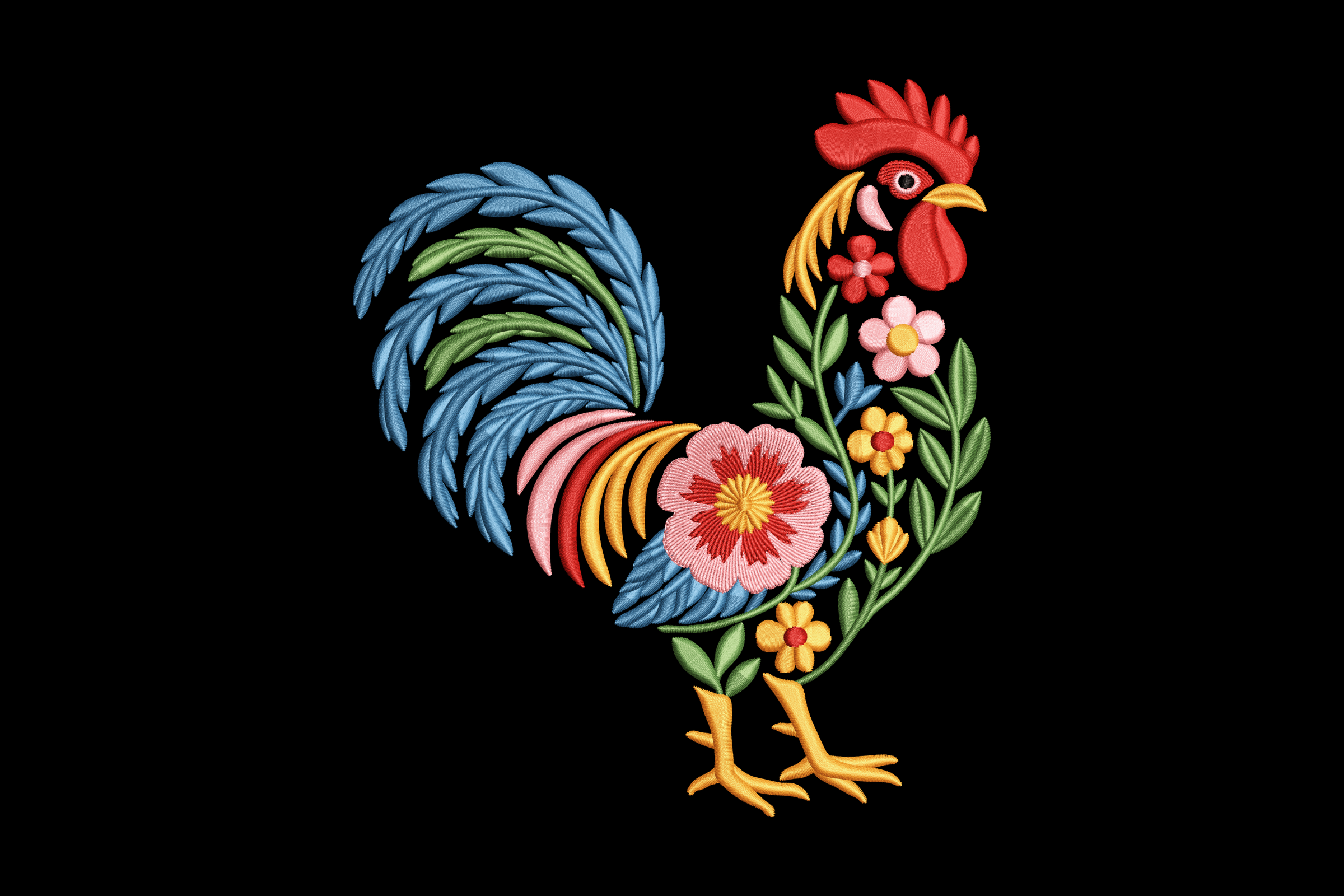 Botanical Floral Rooster Machine Embroidery Design