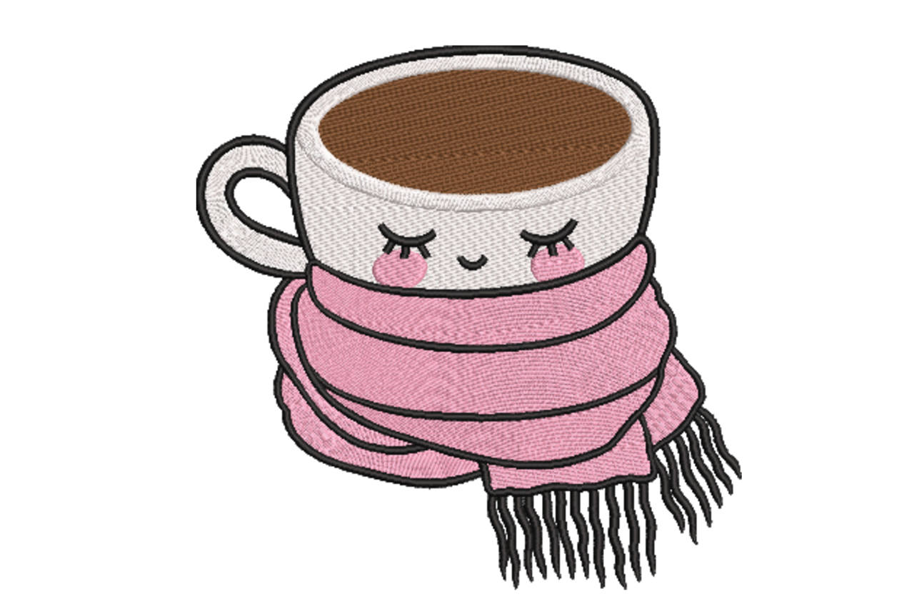 Cozy Coffee Cup Pink Scarf Machine Embroidery Design | Embroidize