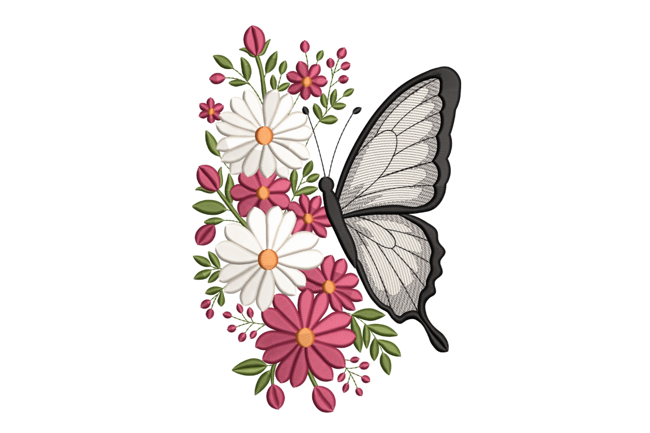 Floral Butterfly Daisies Pink Flowers Machine Embroidery Design ...