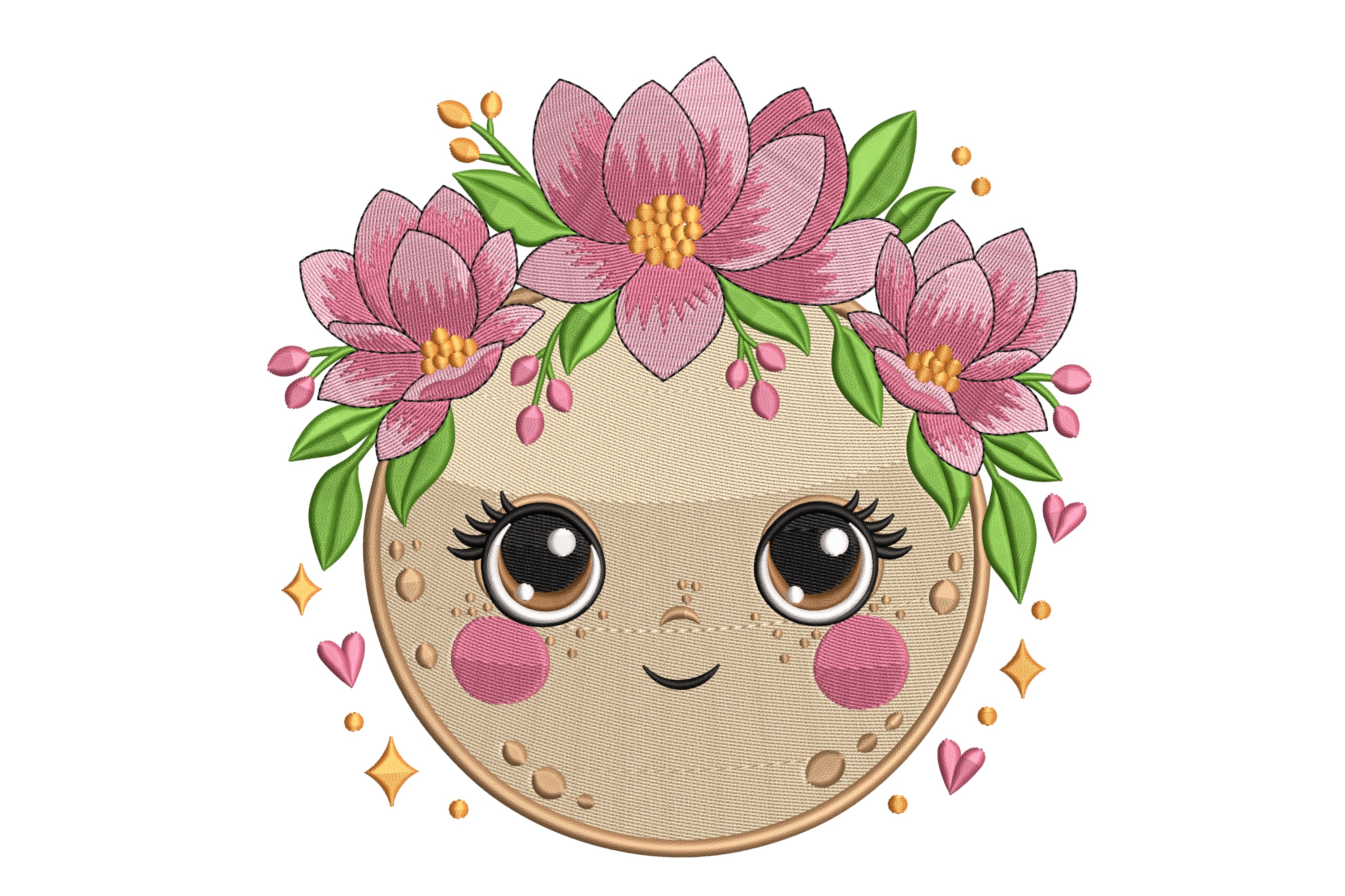 Cute Floral Moon Face Machine Embroidery Design | Embroidize