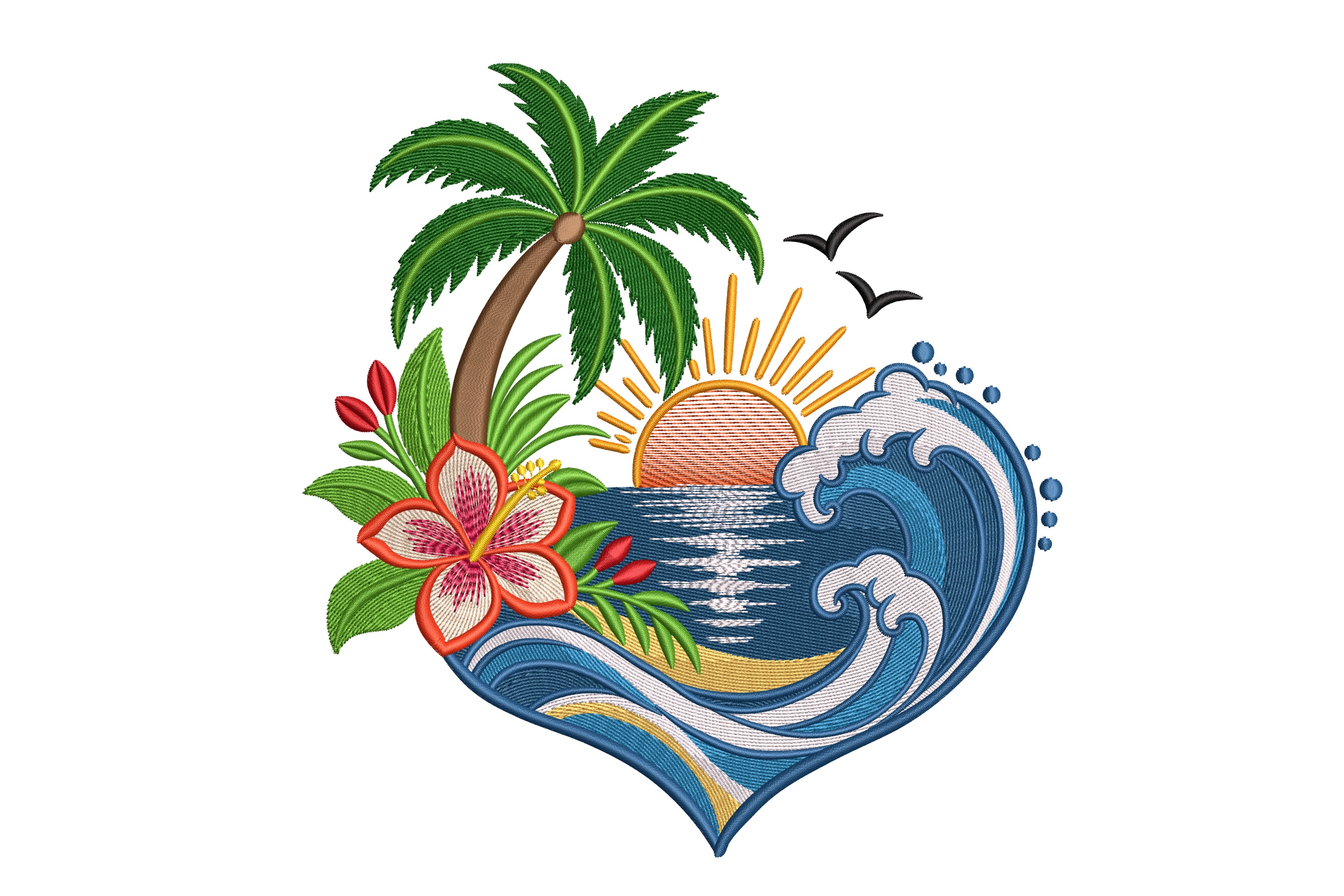 Tropical Heart Sunset Wave Machine Embroidery Design | Embroidize