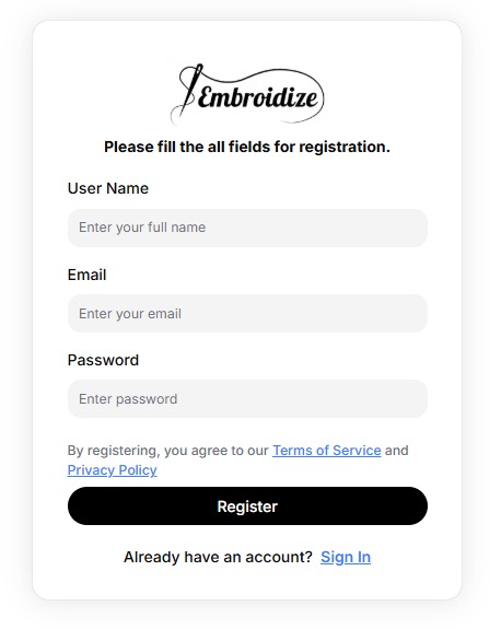 Register Page - Embroidize