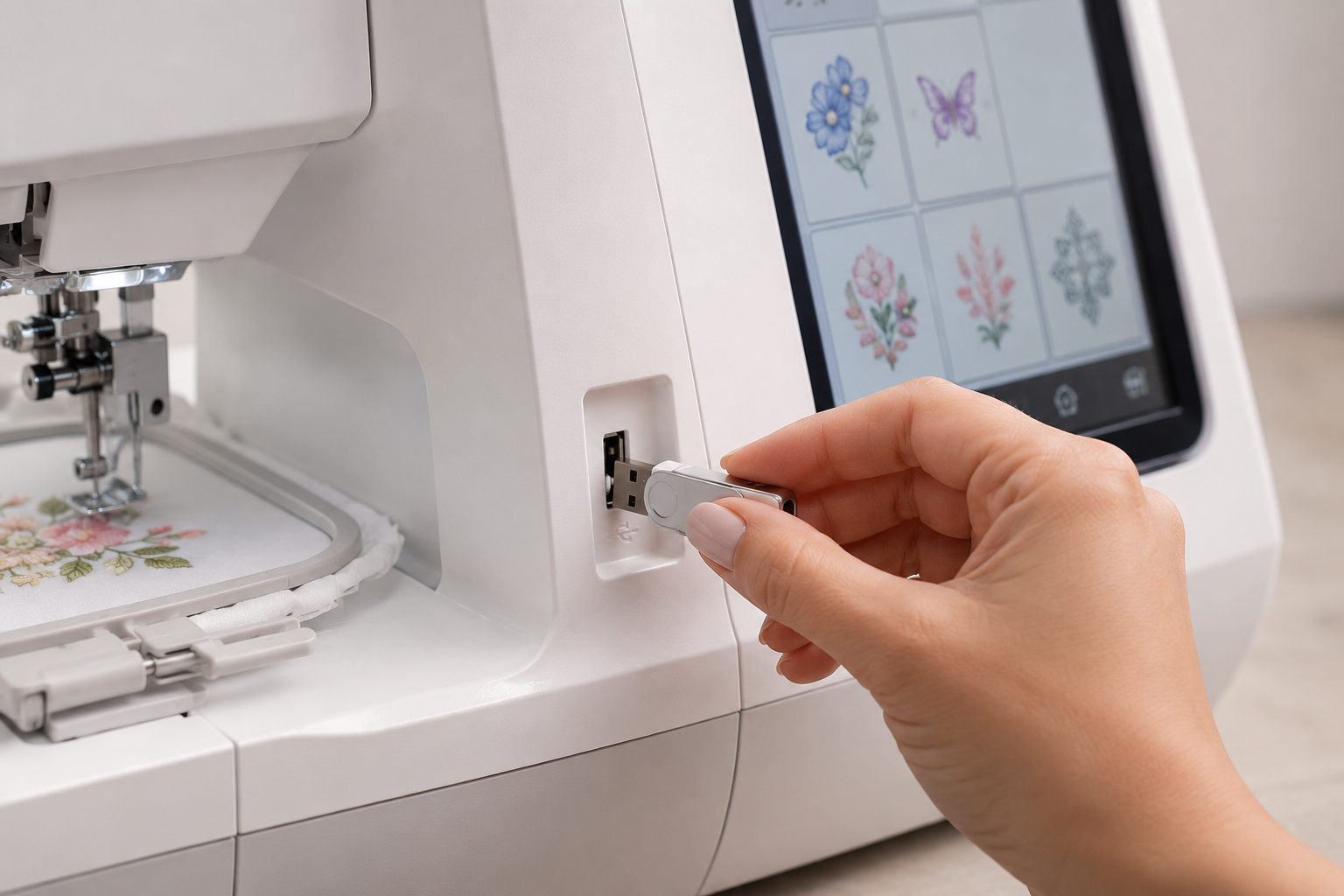 transferring PES embroidery design file via USB to Brother machine